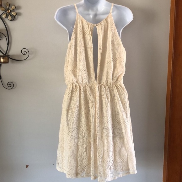 NEW LUSH Halter Lace Overlay Fit & Flare Skater Cream Vanilla Beige Mini L Dress - Picture 7 of 12